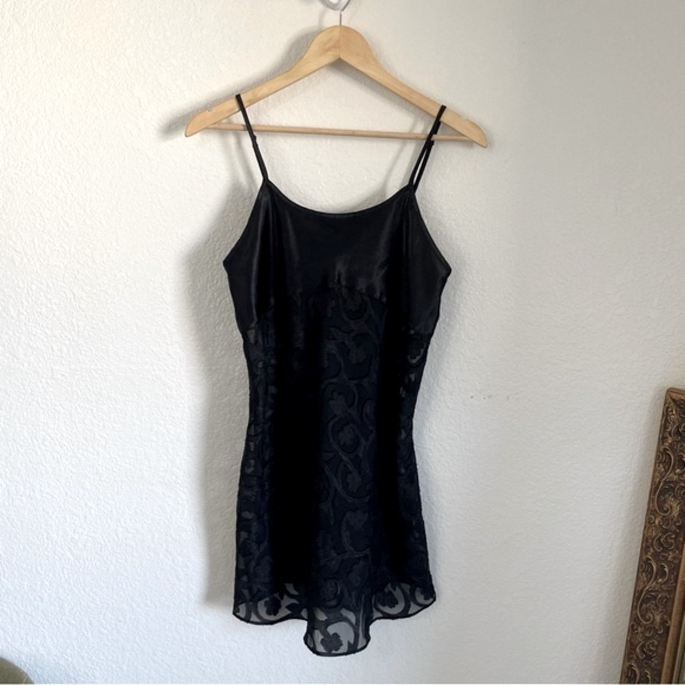 Vintage Morgan Taylor Intimates Black Silky Satin Sheer Slip Mini Dress Y2K 90s
